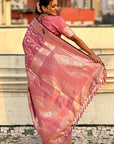 Pink Banarasi Jaal Satin Silk Pink Zari Woven Saree