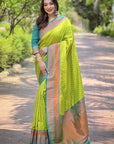 Parrot Green Contrast 1000 Butti Zari Woven Paithani Silk Saree