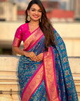 Blue Soft Silk Zari Woven Premium Patola Saree with Contrast Weaves