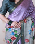 Lavender Soft Tussar Silk Kalamkari Unique Printed Zari Woven Saree