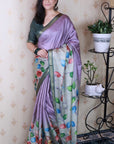 Lavender Soft Tussar Silk Kalamkari Unique Printed Zari Woven Saree