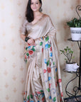 Cream Soft Tussar Silk Kalamkari Unique Printed Zari Woven Saree