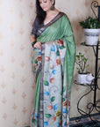 Pista Green Soft Tussar Silk Kalamkari Unique Printed Zari Woven Saree