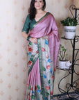 Coral Pink Soft Tussar Silk Kalamkari Unique Printed Zari Woven Saree