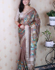Brown Soft Tussar Silk Nature Printed Zari Woven Saree