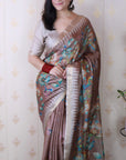 Brown Soft Tussar Silk Nature Printed Zari Woven Saree