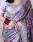 Lavender Soft Tussar Silk Nature Printed Zari Woven Saree