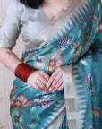 Dusty Blue Soft Tussar Silk Nature Printed Zari Woven Saree