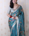 Dusty Blue Soft Tussar Silk Nature Printed Zari Woven Saree