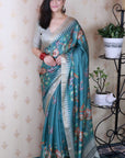 Dusty Blue Soft Tussar Silk Nature Printed Zari Woven Saree