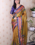 Gold Soft Tussar Silk Pichwai Traditional Printed Zari Woven Saree