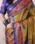 Gold Soft Tussar Silk Pichwai Traditional Printed Zari Woven Saree