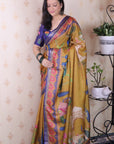 Gold Soft Tussar Silk Pichwai Traditional Printed Zari Woven Saree