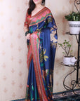 Dark Blue Soft Tussar Silk Pichwai Traditional Printed Zari Woven Saree