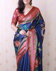 Dark Blue Soft Tussar Silk Pichwai Traditional Printed Zari Woven Saree