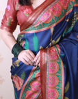 Dark Blue Soft Tussar Silk Pichwai Traditional Printed Zari Woven Saree