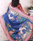 Dark Blue Soft Tussar Silk Pichwai Traditional Printed Zari Woven Saree