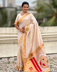 Cream Zari Woven Mahalaxmi God Paithani Silk Saree