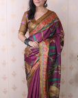 Wine Soft Tussar Silk Pichwai Traditional Printed Zari Woven Saree
