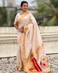 Cream Zari Woven Mahalaxmi God Paithani Silk Saree