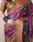 Wine Soft Tussar Silk Pichwai Traditional Printed Zari Woven Saree