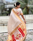 Cream Zari Woven Mahalaxmi God Paithani Silk Saree