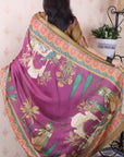 Wine Soft Tussar Silk Pichwai Traditional Printed Zari Woven Saree