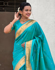 Aqua Blue Zari Woven Mahalaxmi God Paithani Silk Saree