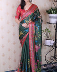 Bottle Green Soft Tussar Silk Pichwai Traditional Printed Zari Woven Saree