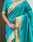 Aqua Blue Zari Woven Mahalaxmi God Paithani Silk Saree