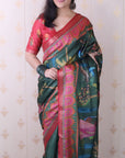 Bottle Green Soft Tussar Silk Pichwai Traditional Printed Zari Woven Saree