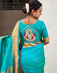 Aqua Blue Zari Woven Mahalaxmi God Paithani Silk Saree