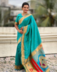 Aqua Blue Zari Woven Mahalaxmi God Paithani Silk Saree