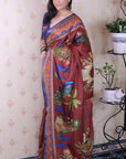 Brown Soft Tussar Silk Pichwai Traditional Printed Zari Woven Saree