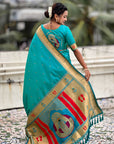 Aqua Blue Zari Woven Mahalaxmi God Paithani Silk Saree