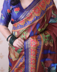 Brown Soft Tussar Silk Pichwai Traditional Printed Zari Woven Saree