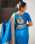 Blue Zari Woven Mahalaxmi God Paithani Silk Saree