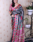 Grey Soft Tussar Silk Striped Traditional Printed Zari Woven Saree