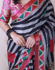 Grey Soft Tussar Silk Striped Traditional Printed Zari Woven Saree