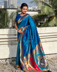 Blue Zari Woven Mahalaxmi God Paithani Silk Saree