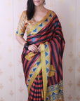 Red Soft Tussar Silk Striped Traditional Printed Zari Woven Saree