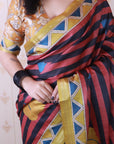 Red Soft Tussar Silk Striped Traditional Printed Zari Woven Saree