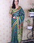 Aqua Blue Soft Tussar Silk Striped Traditional Printed Zari Woven Saree