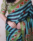 Aqua Blue Soft Tussar Silk Striped Traditional Printed Zari Woven Saree