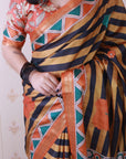Orange Soft Tussar Silk Striped Traditional Printed Zari Woven Saree