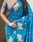 Rama Blue Soft Silk Dual Zari Woven Saree with Nandi Border