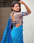 Rama Blue Soft Silk Dual Zari Woven Saree with Nandi Border