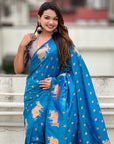 Rama Blue Soft Silk Dual Zari Woven Saree with Nandi Border