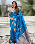 Rama Blue Soft Silk Dual Zari Woven Saree with Nandi Border
