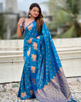 Rama Blue Soft Silk Dual Zari Woven Saree with Nandi Border